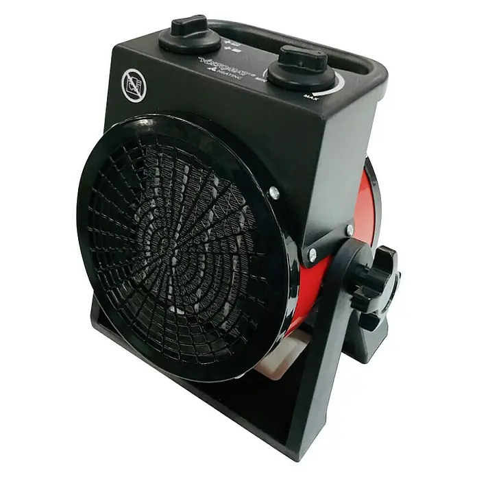 Voltomat HEATING Calefactor de aire - 1.000 W - 2.000 W, Negro - Primer plano de un calentador eléctrico portátil con dos perillas de control para ajustar la temperatura y la velocidad del ventilador.