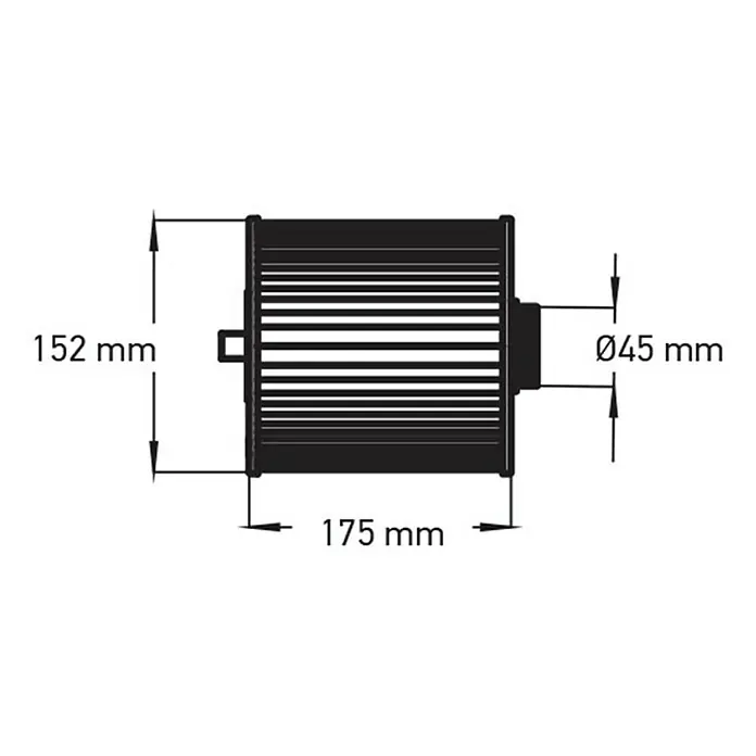Camargue Whirlpool-Filter - Ø x H: 14,8 x 17,5 cm - Maßzeichnung eines Ventilators mit Angaben zu Höhe (152 mm), Breite (175 mm) und Durchmesser der Welle (45 mm).