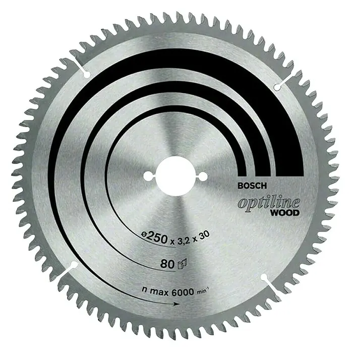 Bosch Disco de sierra Multimaterial - 250 mm, Orificio: 30 mm, Número de dientes: 80 ud. - La hoja de sierra circular Bosch Optiline Wood, con 80 dientes y un diámetro de 250 mm, ideal para cortes precisos en madera.