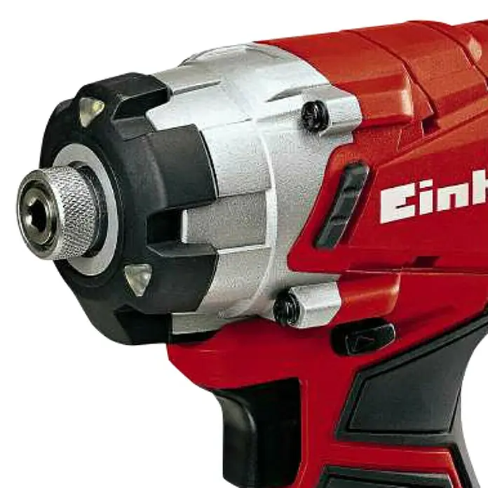 Einhell PXC 18V Llave de impacto de batería TE-CI 18/1 Li - 18 V, Sin batería - Primer plano de un atornillador de impacto inalámbrico rojo Einhell con detalles plateados.