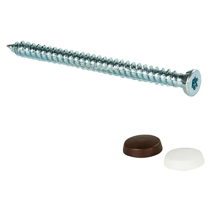 Fischer Fensterrahmenschraube FFS 7,5 - 112 mm, Flachkopf, Durchmesser Bohrloch: 6 mm, 8 Stk. - Ein langes, silbernes Holzschraube mit zwei Schraubenabdeckungen in Weiß und Braun zur dekorativen Abdeckung von Schraubenlöchern.
