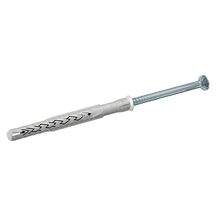 Fischer Langschaftdübel SXRL T E - Ø x L: 8 x 140 mm, Stahl, 1 Stk. - Nahaufnahme eines grauen Fiscer Langschaftdübel SXRL 10x100 FUS mit Schraube auf schwarzem Hintergrund.