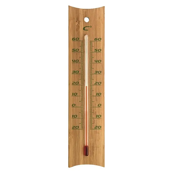 Termómetro - Temperatura actual, L x An x Al: 13 x 46 x 200 mm - Un termómetro de madera con un líquido rojo que indica una temperatura de aproximadamente 22 grados Celsius.