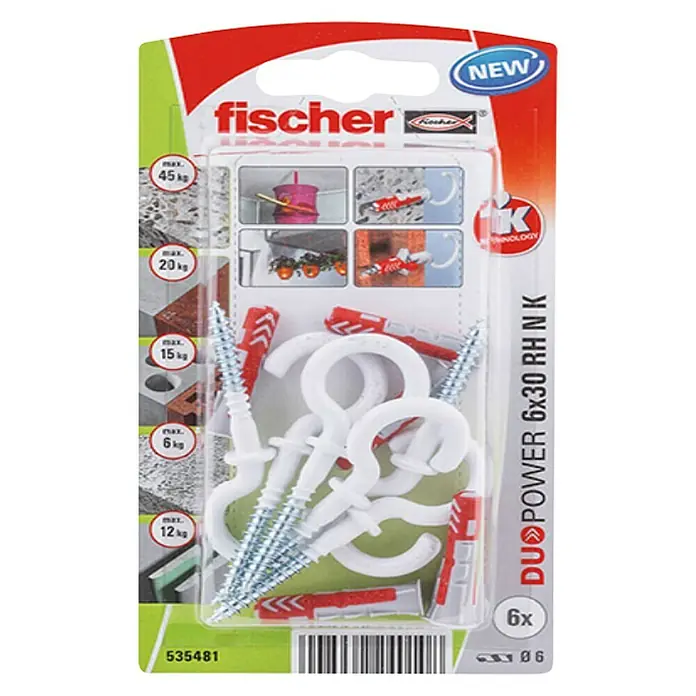 Fischer Taco universal DuoPower - Ø x L: 6 x 50 mm, Plástico, 4 ud. - Imagen de un paquete de tacos Fischer DUOPOWER 6x30 RH NK con alcayatas, ideales para fijar objetos a paredes y techos.