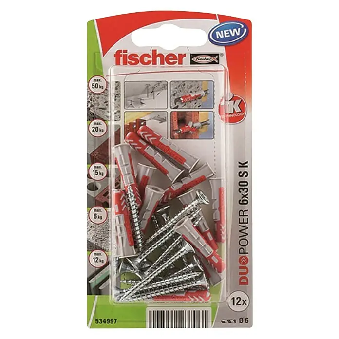 Fischer Duopower Schraubensortiment mit Dübeln S K - Durchmesser Dübel: 6 mm, Länge Dübel: 30 mm, 12 Stk. - Bild einer Packung Fischer Dübel mit Schrauben, geeignet für bis zu 50 kg Last, ideal für sichere Befestigungen im Haus.