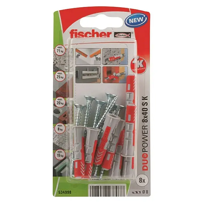 Fischer Duopower Surtido de tacos y tornillos - Diámetro taco: 8 mm, Longitud taco: 40 mm, 8 ud. - Tacos Fischer DuoPower 8x40 SK con tornillos, perfectos para diversos materiales y cargas, garantizando fijaciones seguras en interiores.
