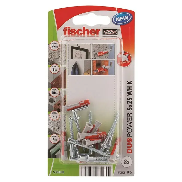 Fischer Duopower Juego de clavijas WH K - Diámetro taco: 5 mm, Longitud taco: 25 mm, Alcayata, 8 ud. - Embalaje de los tacos Fischer DUOPOWER 5x25 WH K, una solución de fijación versátil para conexiones seguras y duraderas en diversos materiales.