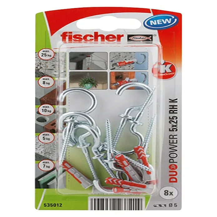 Fischer Duopower Juego de clavijas y ganchos - Diámetro taco: 5 mm, Longitud taco: 25 mm, Argolla, 8 ud. - Juego de ganchos con rosca Fischer DUOPOWER 5x25 RH K con tacos, ideal para sujetar objetos a las paredes. El conjunto contiene 8 piezas y es fácil de instalar.