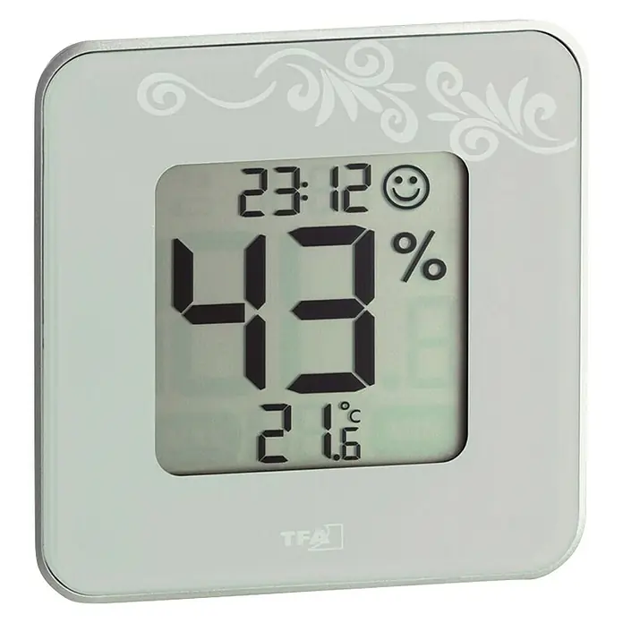 Termo-higrómetro Reloj plata - Indicación de temperatura interior - Higrómetro digital que muestra la hora, la humedad (43%) y la temperatura (21.6°C).