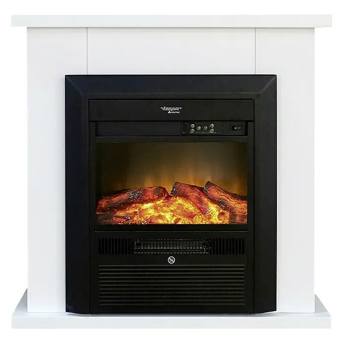 Voltomat HEATING Chimenea eléctrica Beli - 2.000 W, Blanco - Primer plano de una chimenea eléctrica con marco blanco y llamas simuladas, creando un ambiente acogedor.