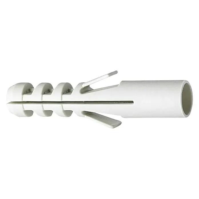 Juego de clavijas - Diámetro taco: 6 mm, Longitud taco: 30 mm, 100 ud., Nylon - Primer plano de un taco universal blanco, diseñado para asegurar fijaciones seguras en diversos materiales.\n