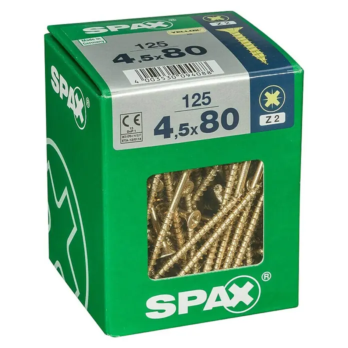 Spax Universalschraube4,5 x 80 mm, Vollgewinde, 125 Stk. - Schrauben der Marke Spax, gelb verzinkt, 4,5 x 80 mm, verpackt in einer grünen Schachtel. Ideal für Holzkonstruktionen.