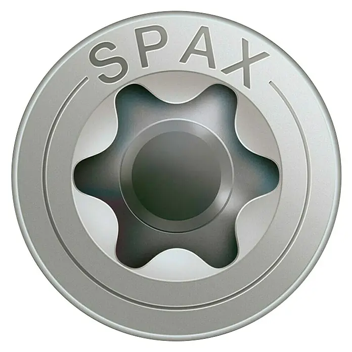 Spax T-Star plus Tornillo avellanado - Ø x L: 4 x 35 mm, Acero inoxidable, 150 ud., Rosca parcial - Primer plano de un tornillo SPAX con accionamiento Torx, ideal para aplicaciones profesionales y proyectos de bricolaje.