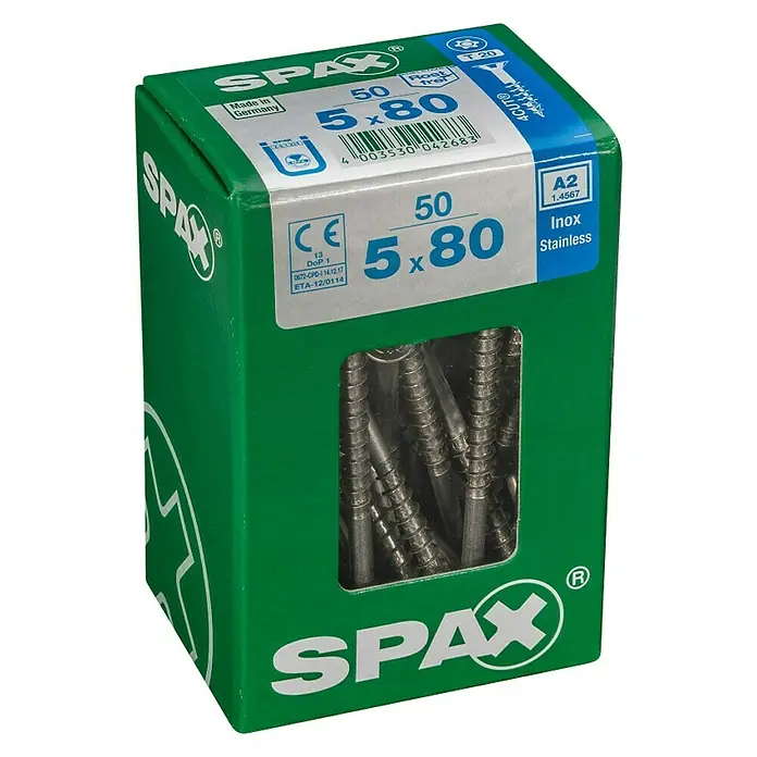 Spax T-Star plus Tornillo avellanado - Ø x L: 5 x 80 mm, Acero inoxidable, 50 ud. - Caja de tornillos SPAX, tamaño 5 x 80, de acero inoxidable A2, ideal para diversas aplicaciones en interiores y exteriores.
