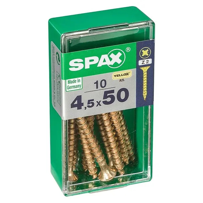 Spax Tornillo universal - 4,5 x 50 mm, Rosca completa, 10 ud. - Un paquete de tornillos SPAX YELLOX A2L, tamaño 4,5 x 50 mm, empaquetados en una caja de plástico verde y transparente.