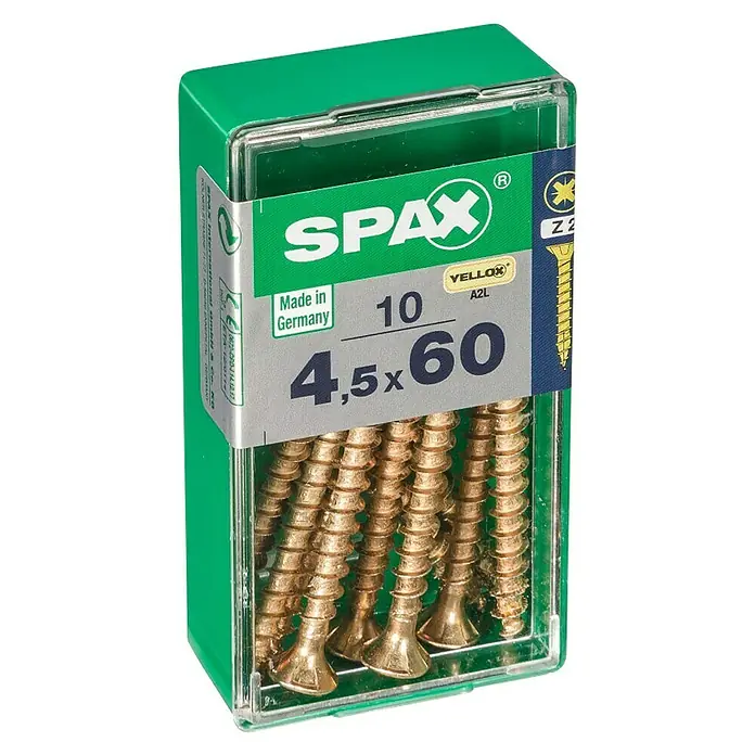 Spax Tornillo universal - 4,5 x 60 mm, Rosca completa, 10 ud. - Un paquete de tornillos Spax, de tamaño 4,5x60, fabricados en Alemania, con recubrimiento Vellow A2L, ideal para diversas aplicaciones de construcción.