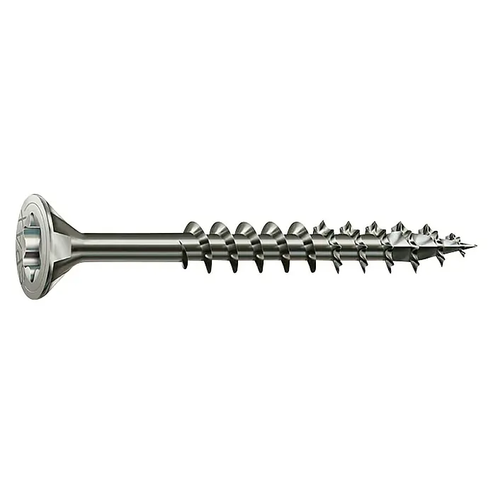 Spax T-Star plus Tornillo avellanado - Ø x L: 4 x 35 mm, Acero inoxidable, 150 ud., Rosca parcial - Primer plano de un solo tornillo avellanado de metal con accionamiento Torx, ideal para carpintería y proyectos de bricolaje.