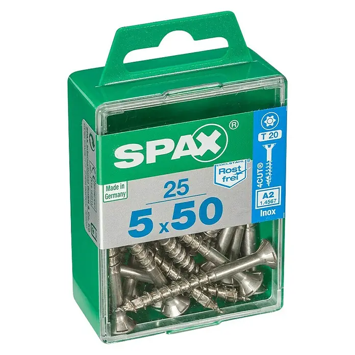 Spax T-Star plus Tornillo avellanado - Ø x L: 5 x 50 mm, Acero inoxidable, 25 ud., Rosca parcial - Caja de tornillos de acero inoxidable A2 SPAX, inoxidables, de 5x50 mm, accionamiento T20, ideal para exteriores y ambientes húmedos, Made in Germany.