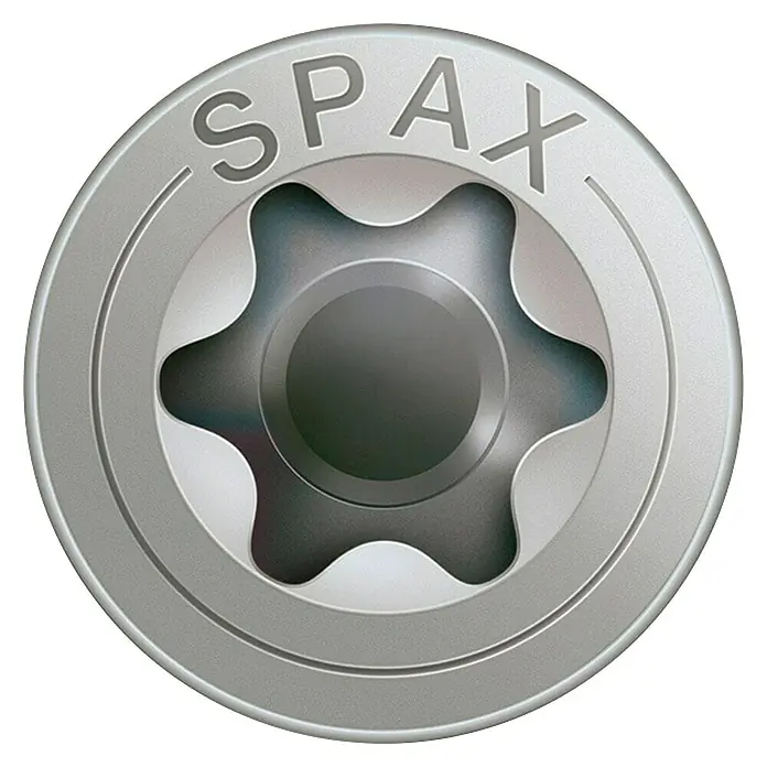Spax T-Star plus Tornillo avellanado - Ø x L: 5 x 80 mm, Acero inoxidable, 50 ud. - Primer plano de una cabeza de tornillo Spax con accionamiento Torx. Preciso y robusto, perfecto para aplicaciones profesionales.