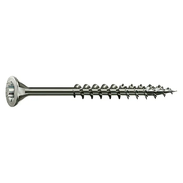 Spax T-Star plus Tornillo avellanado - Ø x L: 5 x 60 mm, Acero inoxidable, 25 ud., Rosca parcial - Un tornillo de madera plateado con un roscado prominente y una cabeza avellanada, ideal para conexiones fuertes en carpintería y construcción.