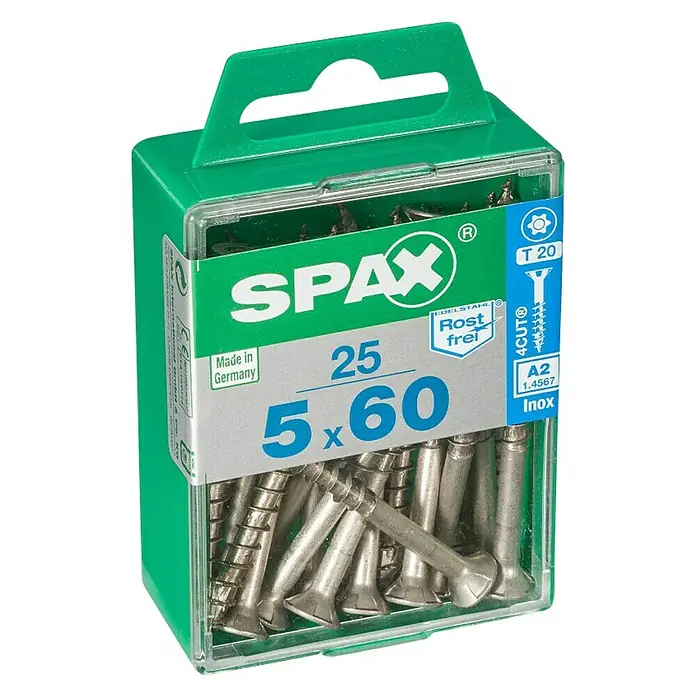Spax T-Star plus Tornillo avellanado - Ø x L: 5 x 60 mm, Acero inoxidable, 25 ud., Rosca parcial - Paquete de tornillos Spax de acero inoxidable 5x60 mm, ideales para conexiones de madera interiores y exteriores, con Torx.