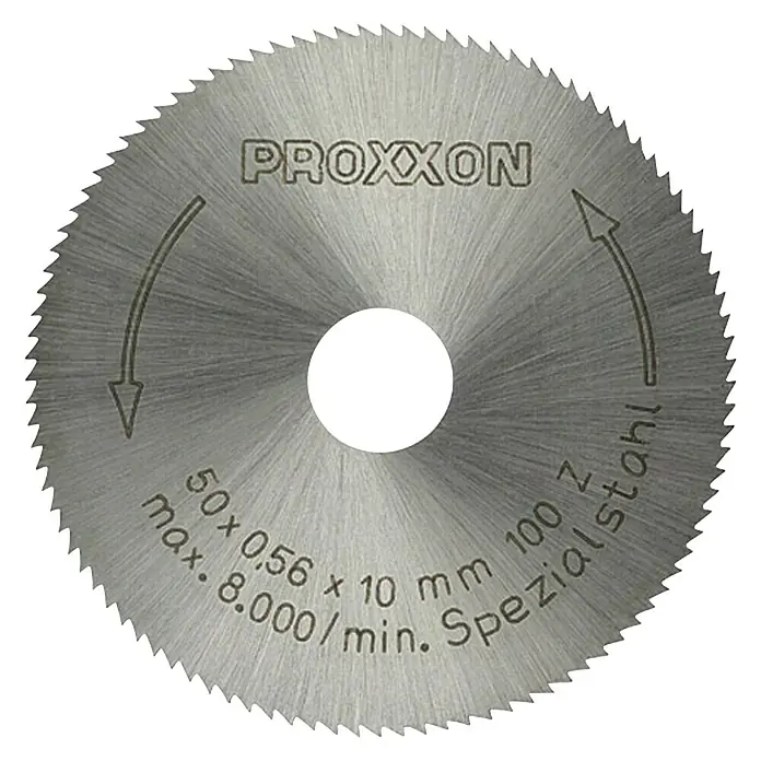 Proxxon Disco de sierra 28020 - 50 mm, Orificio: 10 mm, Número de dientes: 100 ud. - Disco de corte Proxxon 50 x 0,56 x 10 mm, ideal para cortes precisos con una velocidad máxima de 8.000 rpm.