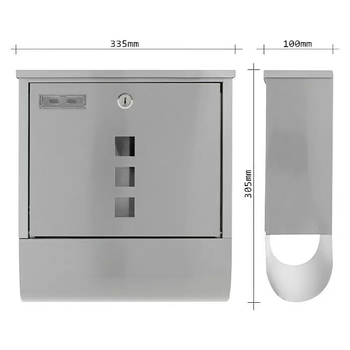Rottner Wandbriefkasten Costa - L x B x H: 305 x 335 x 100 mm, Edelstahl, Edelstahl, Zeitungsfach - Vorderansicht