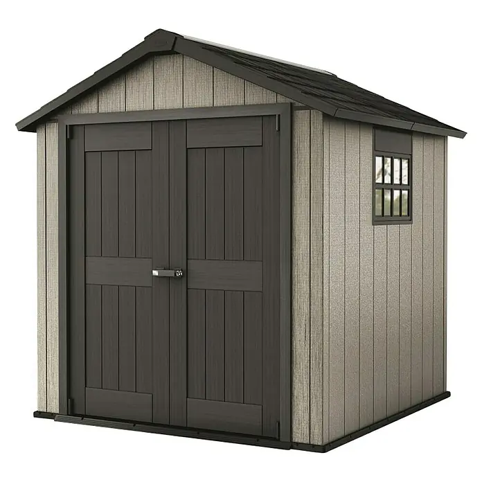 Keter Gartenhaus - Außenmaß inkl. Dachüberstand (B x T): 229 x 223,5 cm, Anthrazit/Grau, Kunststoff, Grundfläche: 4,5 m² - Das Bild zeigt ein geräumiges, modernes Gartenhaus in Grau- und Brauntönen mit Doppeltür und Fenster, ideal für die Gartenaufbewahrung.