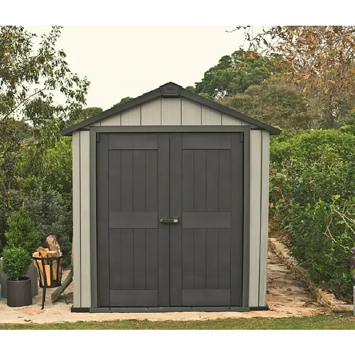 Keter Gartenhaus - Außenmaß inkl. Dachüberstand (B x T): 229 x 223,5 cm, Anthrazit/Grau, Kunststoff, Grundfläche: 4,5 m² - Ein geräumiges Gartenhaus in Grau und Dunkelgrau bietet perfekten Stauraum für Gartengeräte und Werkzeuge im Außenbereich.