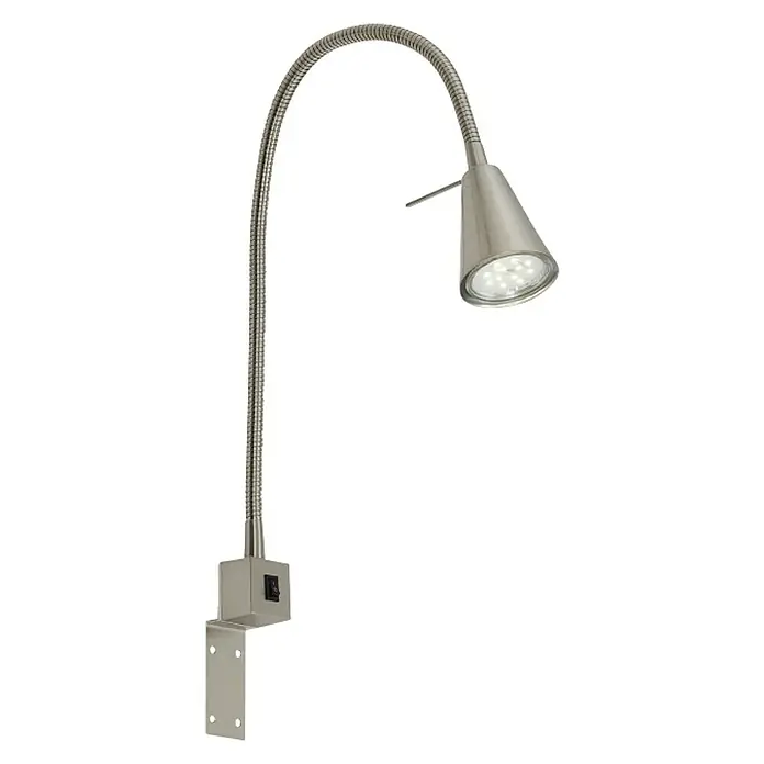 Briloner LED-Wandstrahler Tuso - 4 W, L x B x H: 5,8 x 21,7 x 40,3 cm, Warmweiß - Abbildung einer modernen, gebürsteten Nickel-Leselampe mit einem flexiblen Arm für die Wandmontage und LED-Beleuchtung.