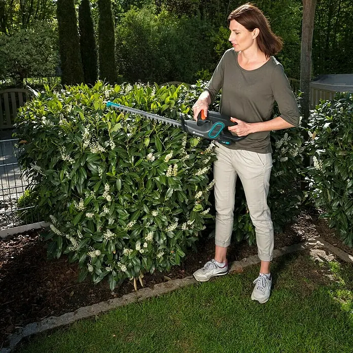 Gardena EasyCut Akku-Heckenschere - 14,4 V, Li-Ionen, 2 Ah, 1 Akku - Frau schneidet mit einer Gardena Akku-Heckenschere eine Hecke im Garten. Das Gerät ist leicht und einfach zu bedienen.