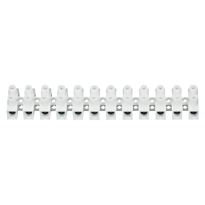 ASS Lüsterklemme - 16 mm², Polanzahl: 12 Stk. - Nahaufnahme einer weißen, trennbaren 12-fach Lüsterklemme, die zur sicheren Verbindung von elektrischen Leitungen dient.