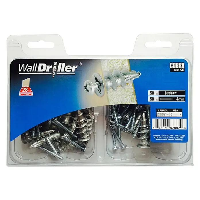 Cobra Gipskartondübel Walldriller - Durchmesser: 4 mm, Belastbarkeit: 28 kg, 50 Stk., Selbstschneidendes Gewinde, Zink - Bild einer Packung WallDriller-Befestigungselemente, bestehend aus 50 Schrauben und Dübeln für Trockenbauwände.