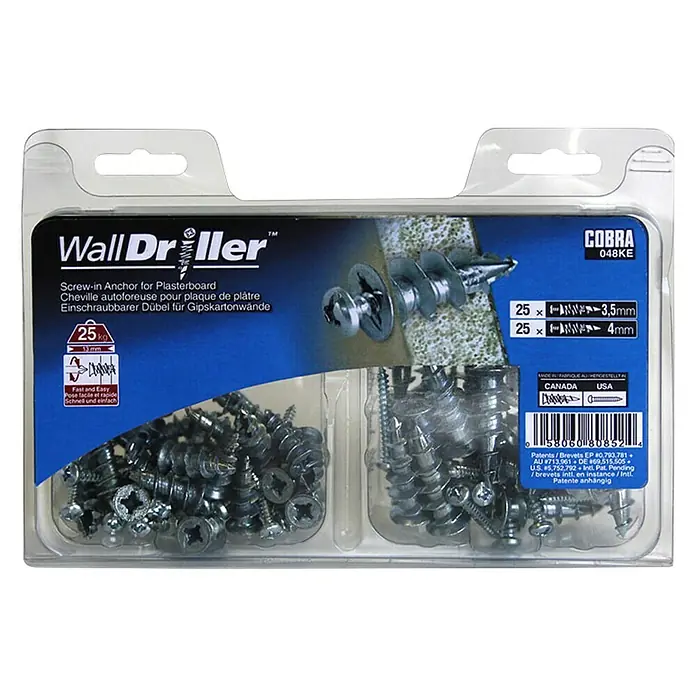 Cobra Gipskartondübel Walldriller - Durchmesser: 4 mm, Belastbarkeit: 28 kg, 25 Stk., Selbstschneidendes Gewinde, Zink - Bild einer Packung WallDriller Gipskartondübel, ideal für schnelle und einfache Befestigungslösungen im Trockenbau.