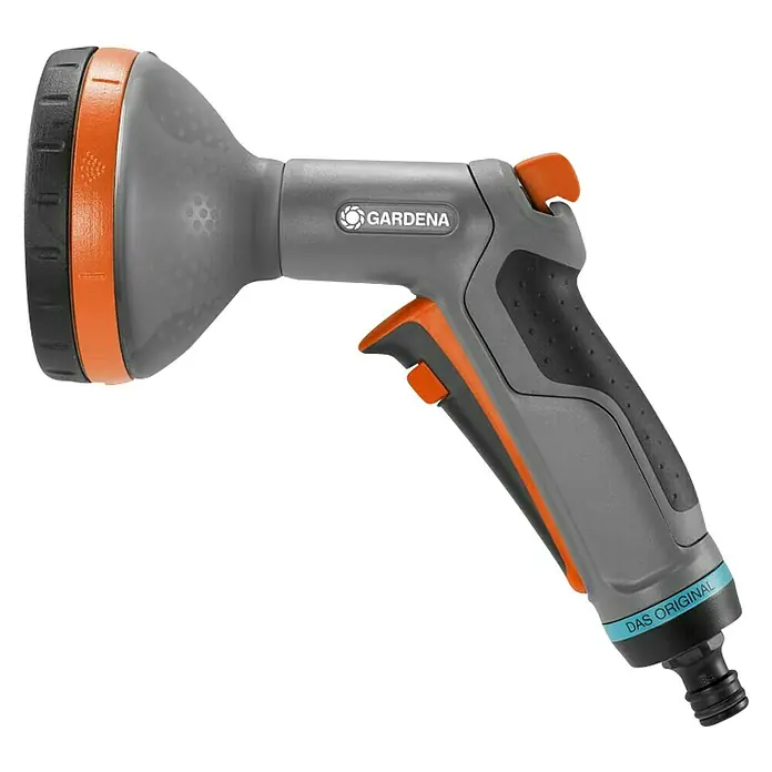 Gardena Comfort Multibrause - Anzahl Sprühformen: 5 Stk., Metall/Kunststoff - Eine graue GARDENA Premium Gartenspritze mit orangefarbenen Akzenten und verschiedenen Sprühmodi für die Bewässerung.