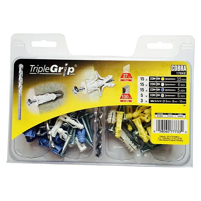 Cobra Universaldübel Triple Grip 176K - 50 Stk. - TripleGrip Dübel-Set Cobra 176KE mit verschiedenen Größen und passenden Schrauben, ideal für sichere Befestigungen im Haushalt.