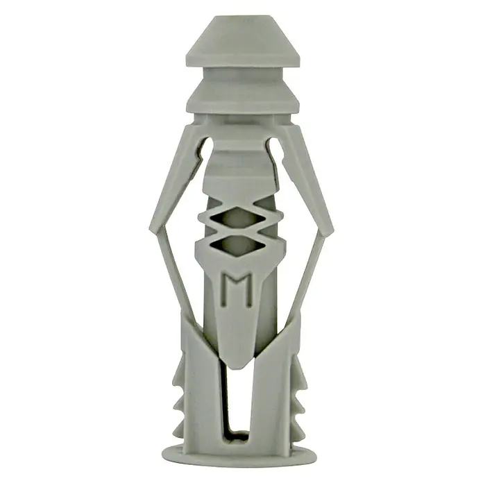 Cobra Universaldübel Triple Grip 176K - 50 Stk. - Eine Nahaufnahme eines grauen Hohlraumdübels auf schwarzem Hintergrund.