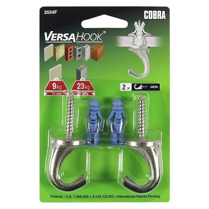 Cobra Wandhaken VersaHook - 139 x 93 x 19 mm, Belastbarkeit: 11 kg, 2 Stk. - Eine Packung VersaHook-Haken mit Dübeln und Schrauben, geeignet für verschiedene Wandtypen und Belastungen.