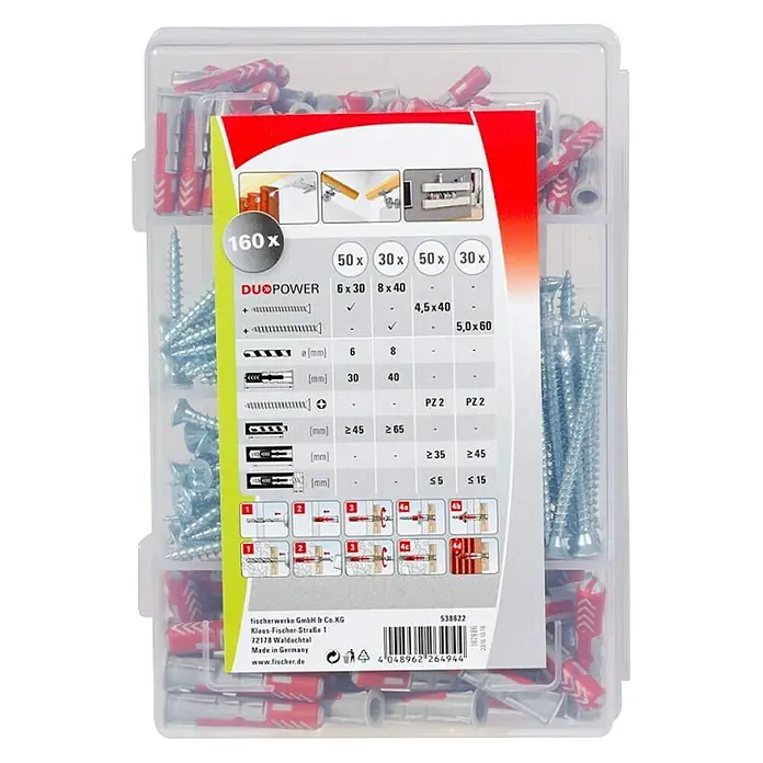 Fischer Duopower Schraubensortiment mit Dübeln Profi-Box - 160 -tlg. - Sortimentskasten mit Fischer Dübeln und Schrauben. Das Set enthält 160 Teile, ideal für verschiedene Befestigungsanwendungen im Haushalt.