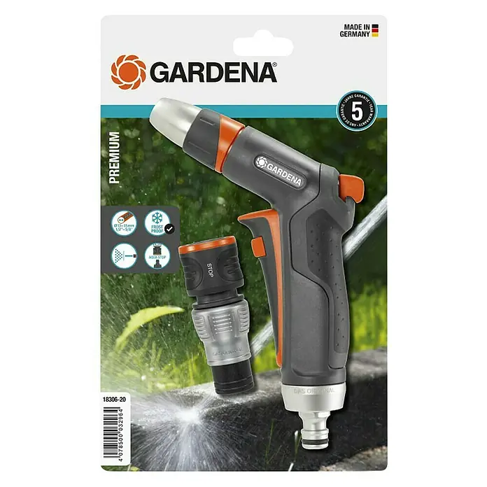 Gardena Premium Pistola de riego con conectores - 2 pzs., Plástico - Esta imagen muestra una lanza de rociado Premium Gardena con conector, perfecta para regar su jardín. Robusta y fiable.