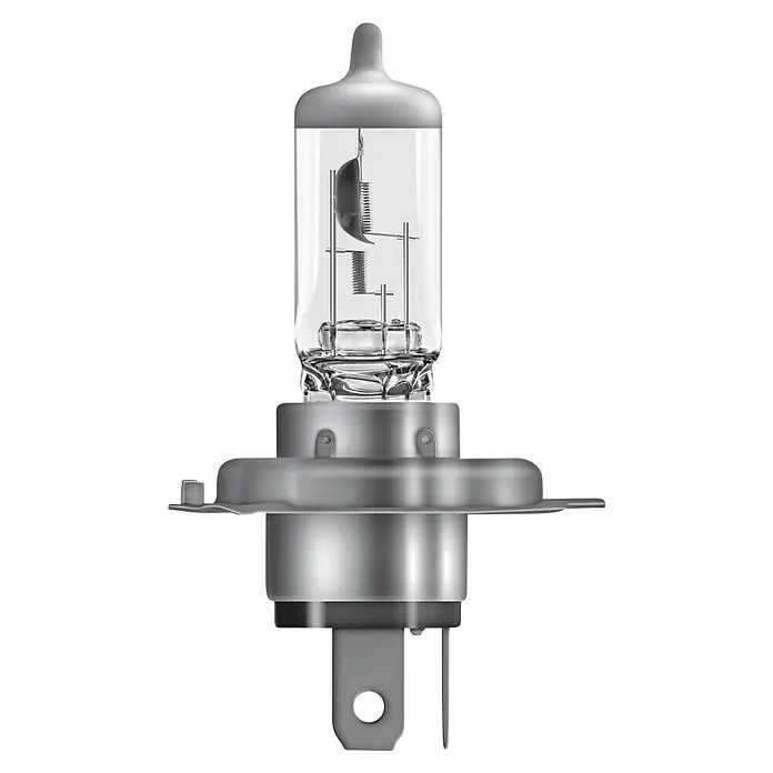 Osram Original Line Scheinwerferlampe - 12 V, 1 Stk., Warmweiß - Frontansicht einer H4-Halogenlampe für Kraftfahrzeuge, mit Glaskolben und Metallsockel.