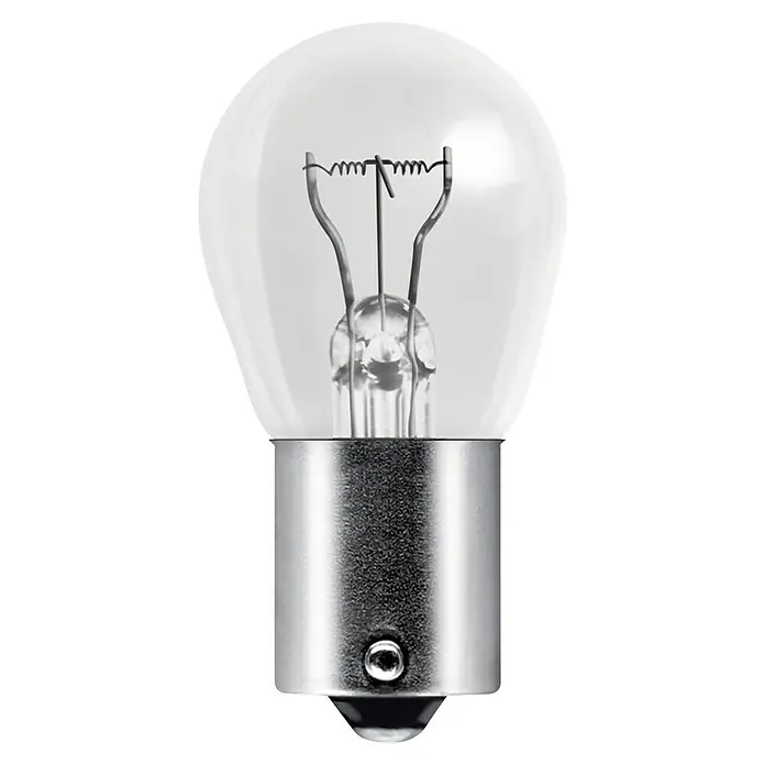Osram Luz de freno y posición trasera - Flujo luminoso: 440 lm - 35 lm, 12 V, 2 ud. - Primer plano de una bombilla transparente con base metálica y filamento en el interior.