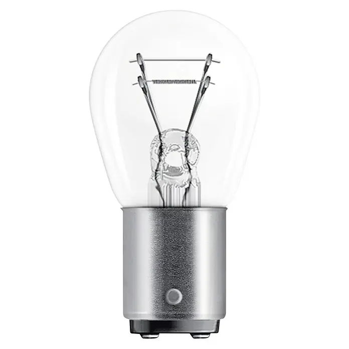 Osram Luz de freno y posición trasera - Flujo luminoso: 440 lm - 15 lm, 12 V, 2 ud. - Primer plano de una bombilla clara con base plateada. Adecuado para diversas aplicaciones de iluminación.