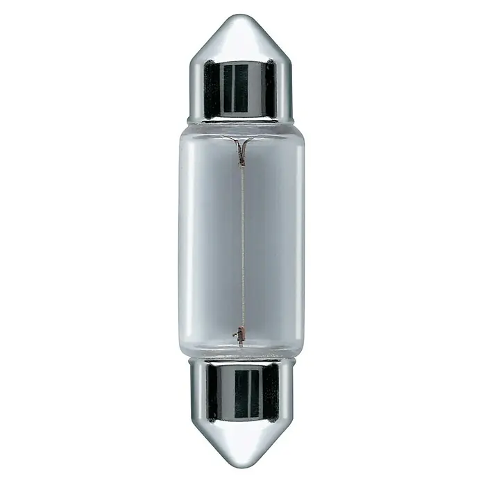 Osram Soffittenlampe - C10W, 2 Stk. - Nahaufnahme einer länglichen Sofittenlampe mit silbernen Enden und einem Glühfaden in der Mitte für Auto-Innenraumbeleuchtung.