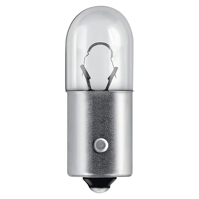 Osram Bombilla de luz de posición T4W BA9S - 12 V, 2 ud. - Primer plano de una bombilla clara con filamento visible y base de metal, ideal para diversas aplicaciones de iluminación.