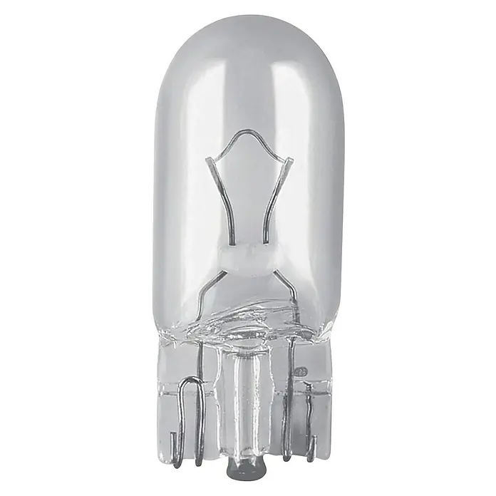 Osram Bombilla de luz de posición W5W - 12 V, 2 ud., W5W - Primer plano de una bombilla T10 con vidrio transparente y filamento. Ideal para iluminación de vehículos.