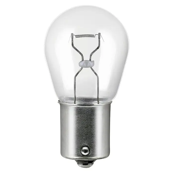 Osram Blink- & Bremslichtlampe - P21W, 2 Stk. - Nahaufnahme einer klaren Glühbirne mit sichtbarem Glühfaden und Metallsockel, ideal für technische Illustrationen.