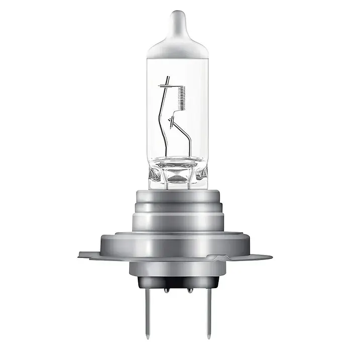 Osram Scheinwerferlampe - 12 V, 2 Stk., H7 - Nahaufnahme einer H7 Halogenlampe, die für ihre Helligkeit und lange Lebensdauer in Autos bekannt ist.