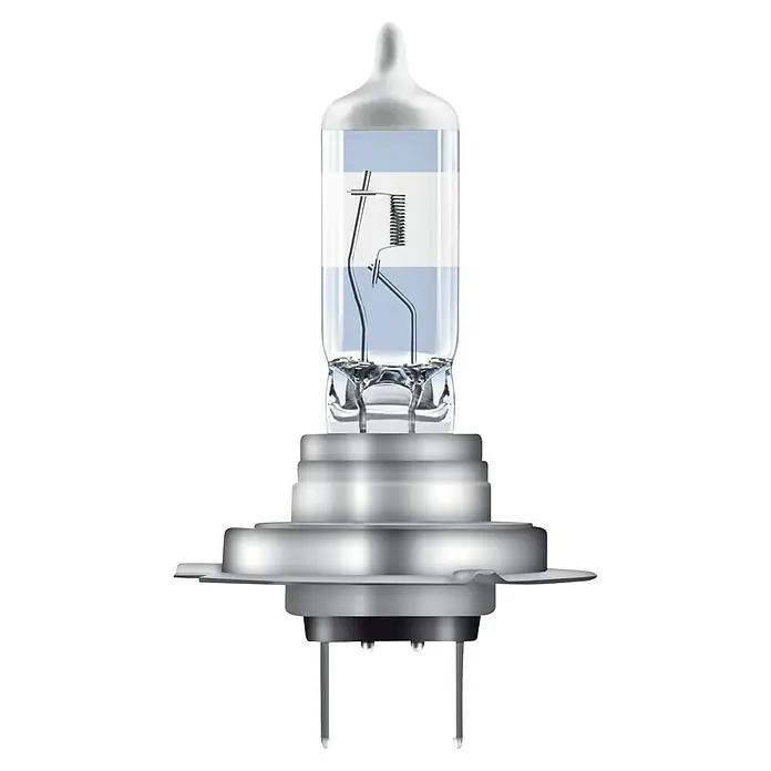 Osram Hauptscheinwerfer-Lampen Raystar Advanced - H7, 2 Stk. - Detailaufnahme einer H7-Halogenlampe für Autoscheinwerfer, mit präziser Glühwendel und klarem Glaskolben.