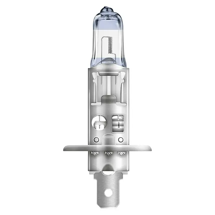 Osram Hauptscheinwerfer-Lampen Raystar Advanced - H1, 2 Stk. - Nahaufnahme einer H1-Halogenlampe mit Glühwendel, ideal für Fahrzeugscheinwerfer. Erzeugt helles Licht für verbesserte Sichtbarkeit.